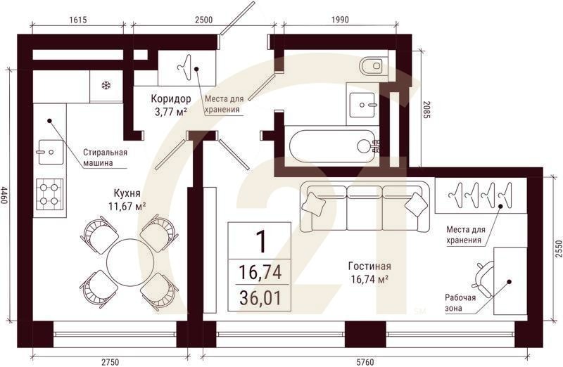 1-комн, 36.01 м², 5-22 этаж