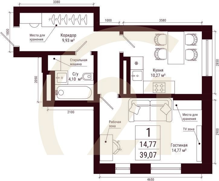 1-комн, 39.07 м², 12-24 этаж