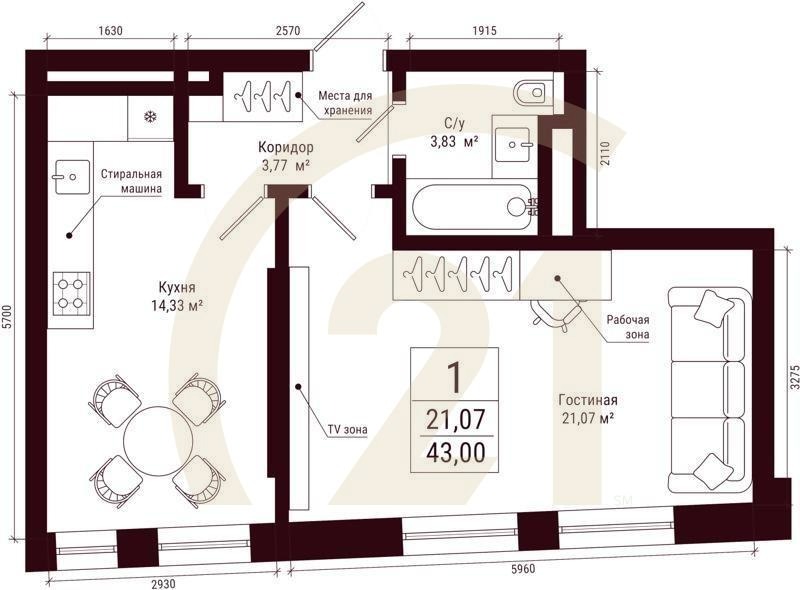1-комн, 43 м², 13-18 этаж