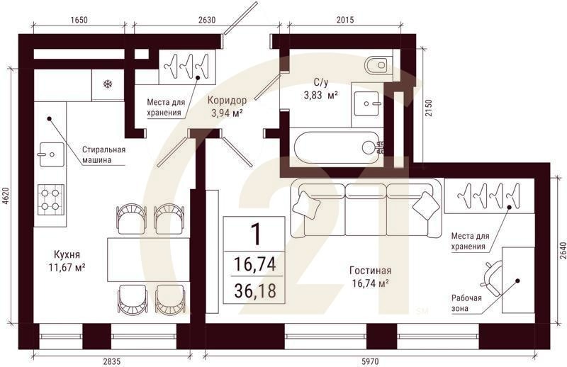 1-комн, 36.18 м², 24 этаж