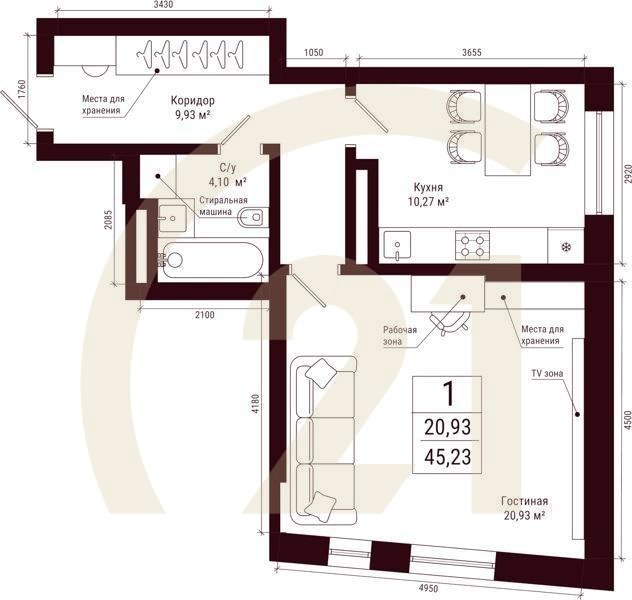 1-комн, 45.23 м², 27-31 этаж