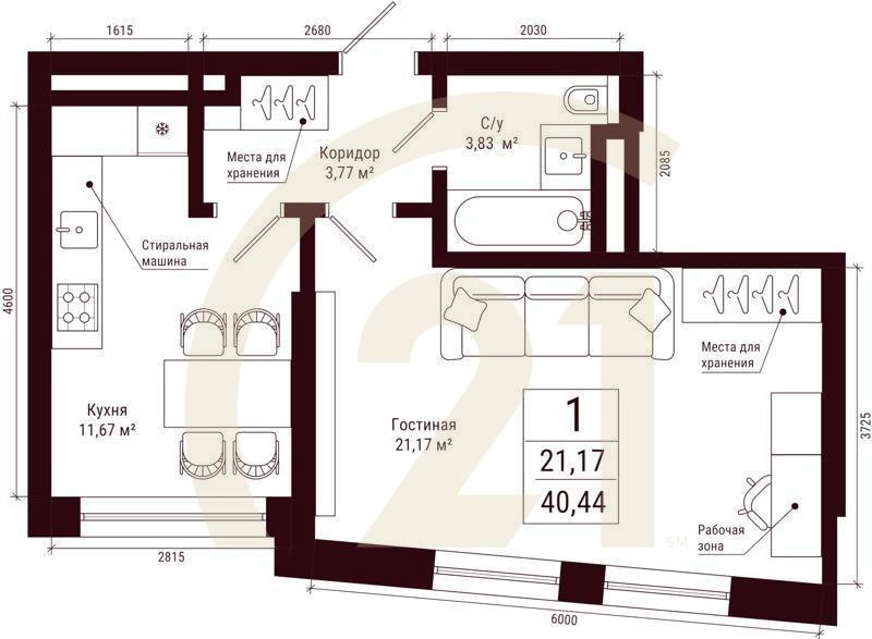1-комн, 40.44 м², 27-31 этаж