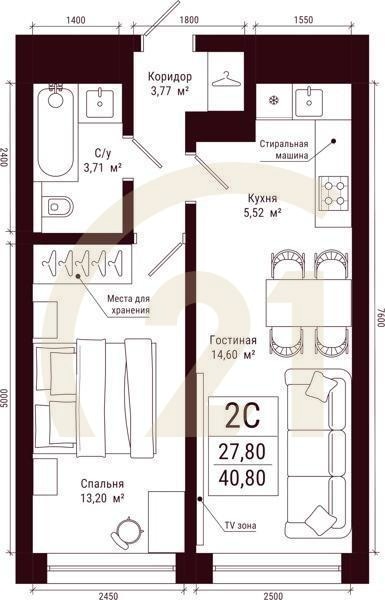 2-комн, 40.8 м², 3-5 этаж