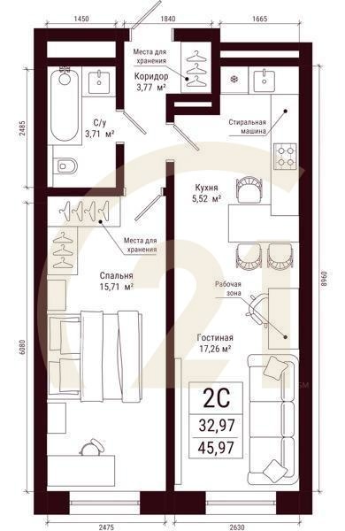 2-комн, 45.97 м², 23-31 этаж