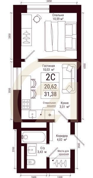 2-комн, 31.38 м², 23-31 этаж