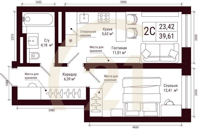 2-комн, 39.61 м², 5-31 этаж