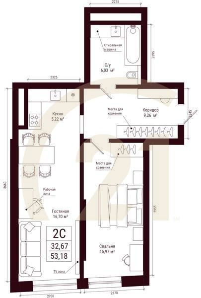 2-комн, 53.18 м², 13-19 этаж