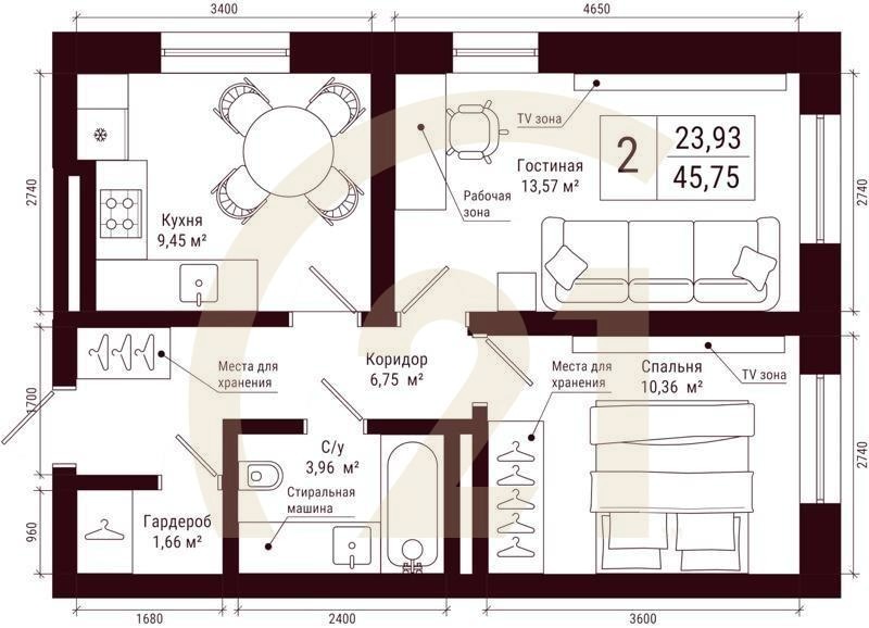 2-комн, 45.75 м², 21-31 этаж