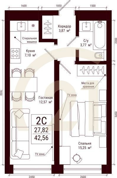 2-комн, 42.56 м², 4-31 этаж