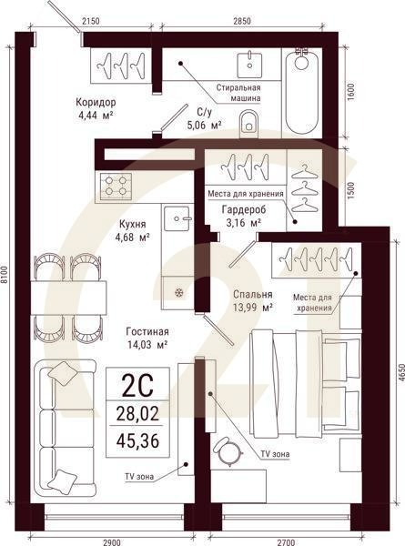 2-комн, 45.36 м², 3-6 этаж