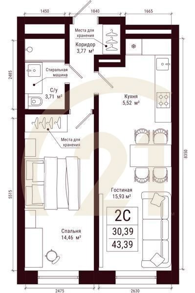 2-комн, 43.39 м², 15-21 этаж