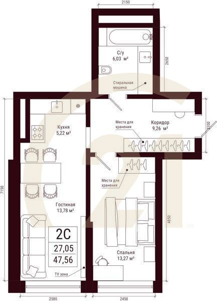 2-комн, 47.56 м², 3-31 этаж