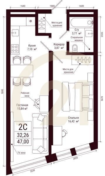 2-комн, 47 м², 5-6 этаж