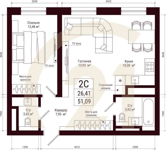 2-комн, 51.09 м², 13-31 этаж