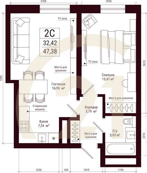 2-комн, 47.38 м², 13-31 этаж