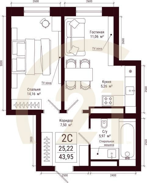 2-комн, 43.95 м², 17-31 этаж
