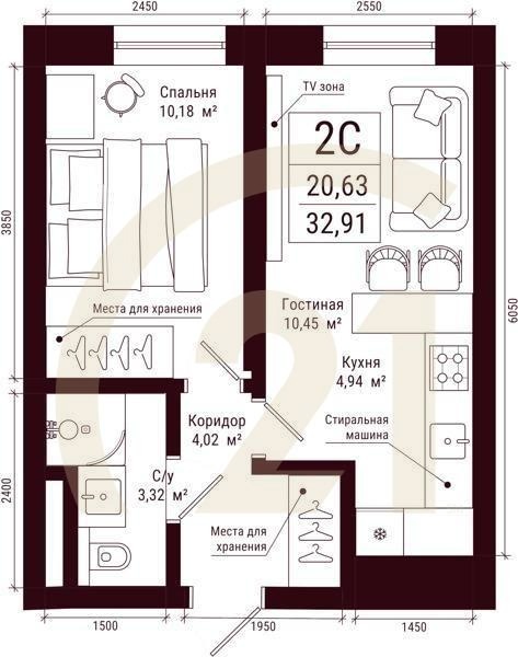 2-комн, 32.91 м², 20-31 этаж