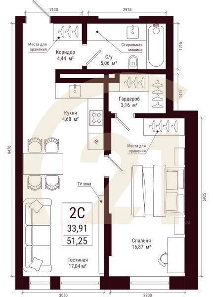 2-комн, 51.25 м², 23-31 этаж