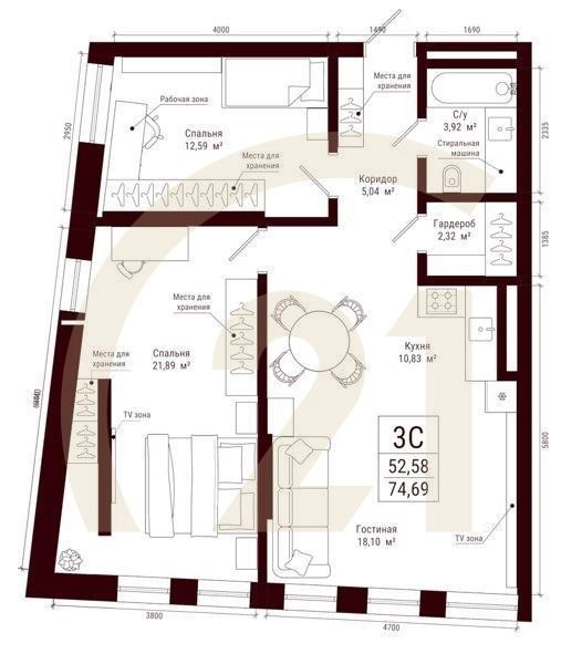 3-комн, 74.69 м², 5-6 этаж