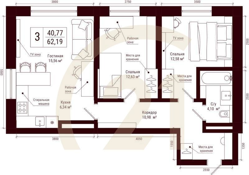 3-комн, 62.19 м², 17-31 этаж