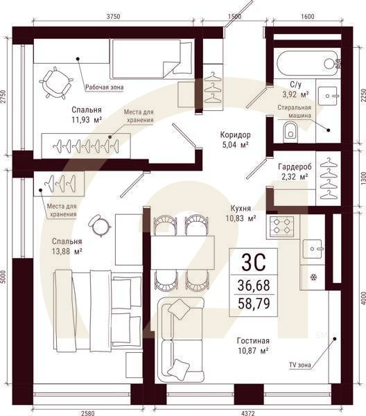 3-комн, 58.79 м², 7-31 этаж
