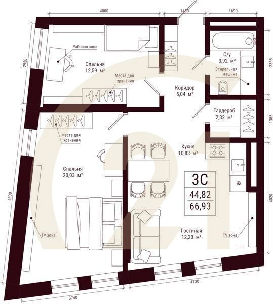 3-комн, 66.93 м², 4 этаж