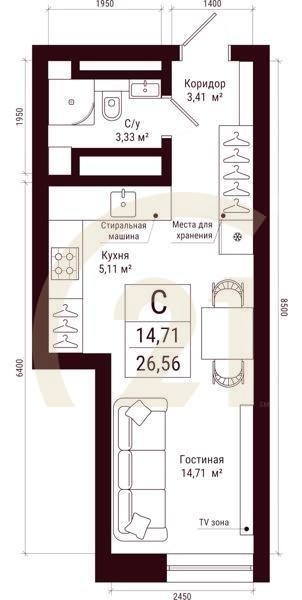 Студия, 26.56 м², 8-31 этаж