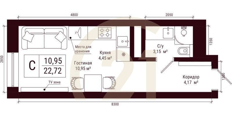 Студия, 22.72 м², 17-31 этаж
