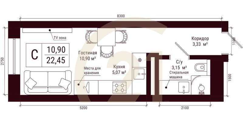 Студия, 22.45 м², 10-31 этаж