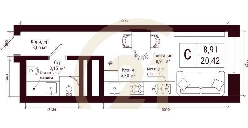 Студия, 20.42 м², 9-31 этаж