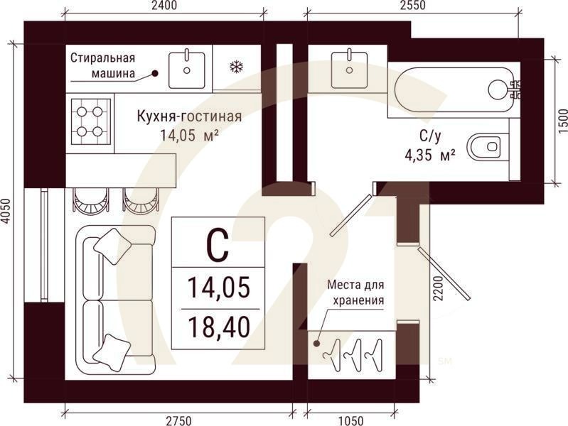 Студия, 18.4 м², 20-31 этаж