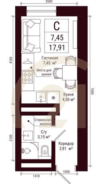 Студия, 17.91 м², 14-31 этаж