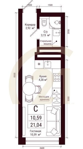 Студия, 21.04 м², 12-31 этаж