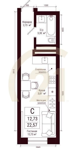 Студия, 22.57 м², 23-31 этаж