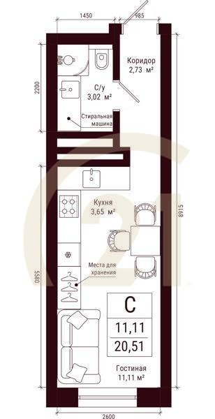 Студия, 20.51 м², 15-21 этаж