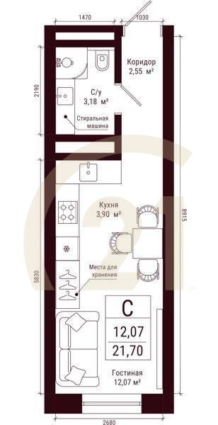 Студия, 21.7 м², 15-21 этаж
