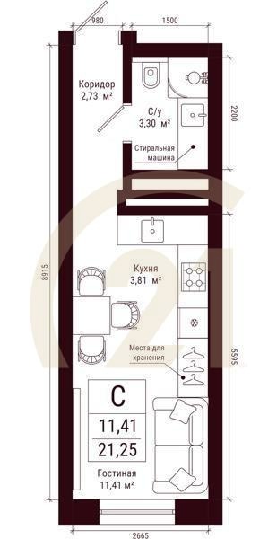 Студия, 21.25 м², 17-20 этаж