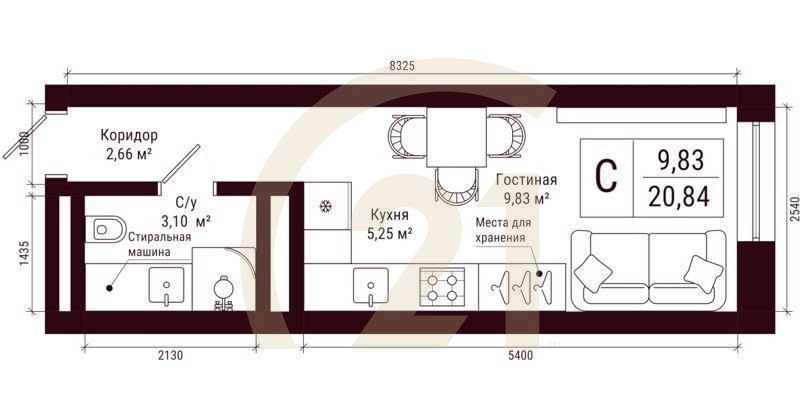 Студия, 20.84 м², 5-31 этаж