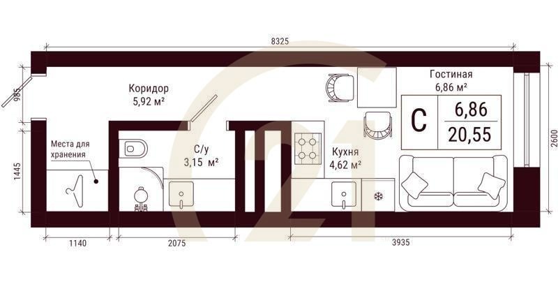 Студия, 20.55 м², 3-31 этаж