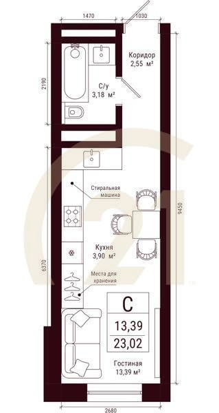 Студия, 23.02 м², 23-31 этаж