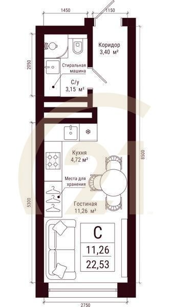 Студия, 22.53 м², 6-31 этаж