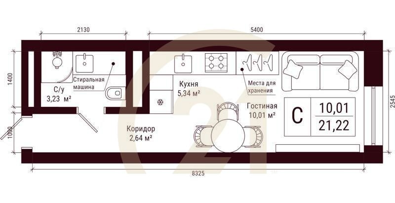 Студия, 21.22 м², 7-31 этаж
