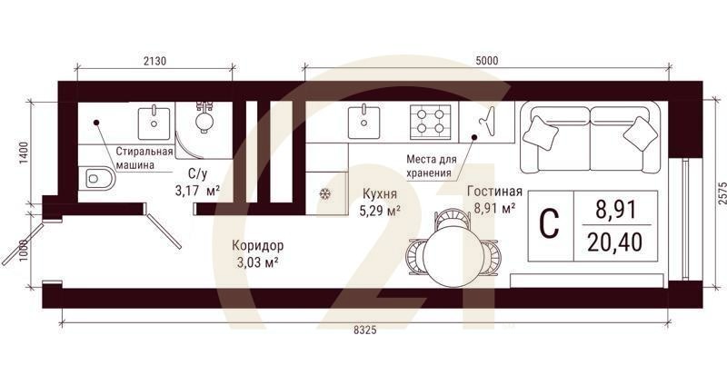 Студия, 20.4 м², 7-31 этаж