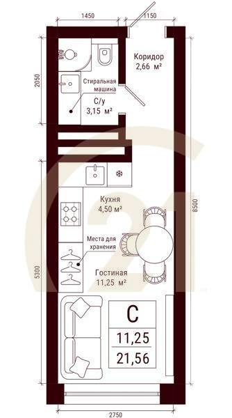 Студия, 21.56 м², 7-31 этаж