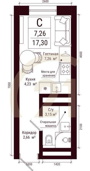 Студия, 17.3 м², 13-31 этаж