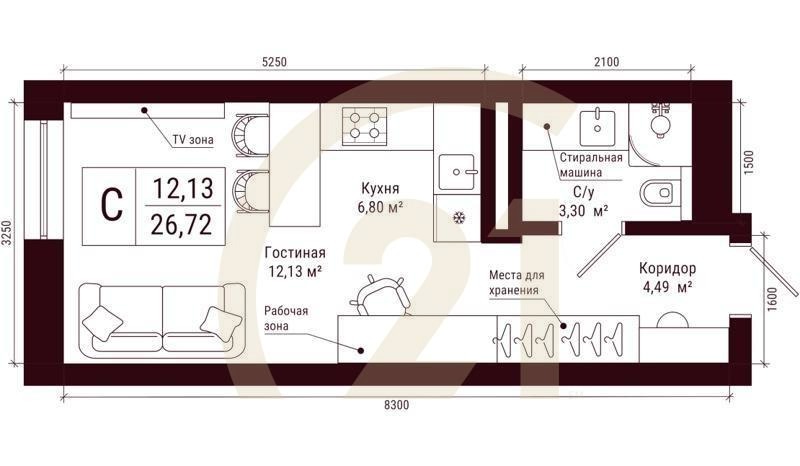 Студия, 26.72 м², 16-31 этаж