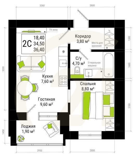 2-комн, 36.4 м², 15 этаж