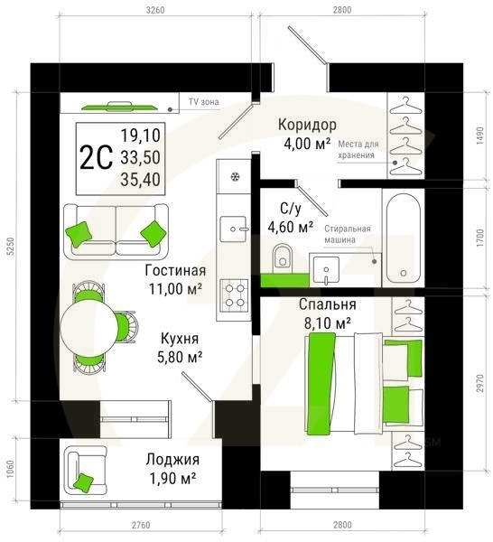 2-комн, 35.4 м², 13-15 этаж