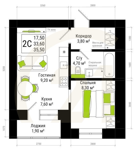 2-комн, 35.5 м², 12-15 этаж