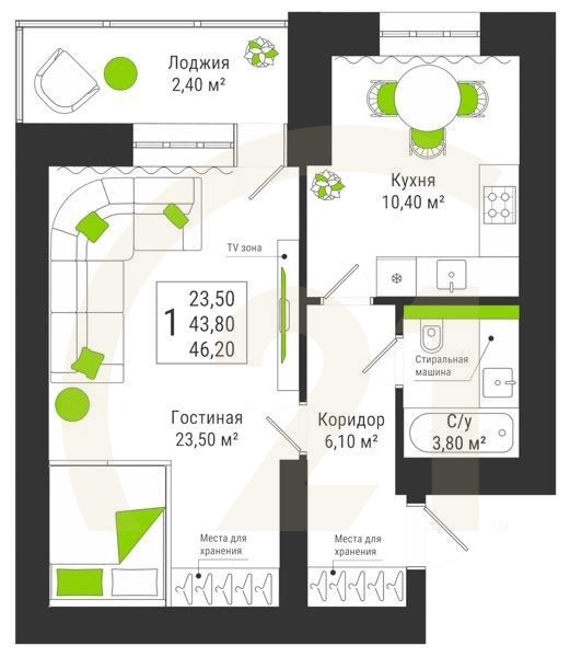 1-комн, 46.2 м², 5-13 этаж